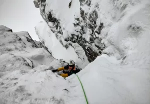 Enjoying a classic winter gully climb