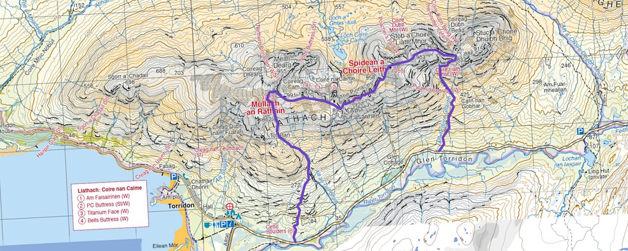 This shows the route map for a classic traverse of Liathach.